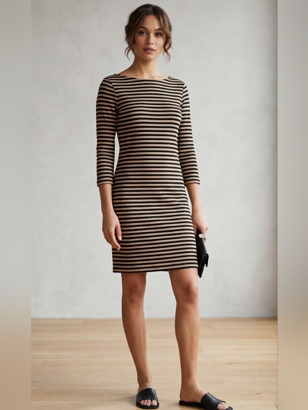 Xhilaration Target Brown Black Striped Boatneck Knit Dress Size L